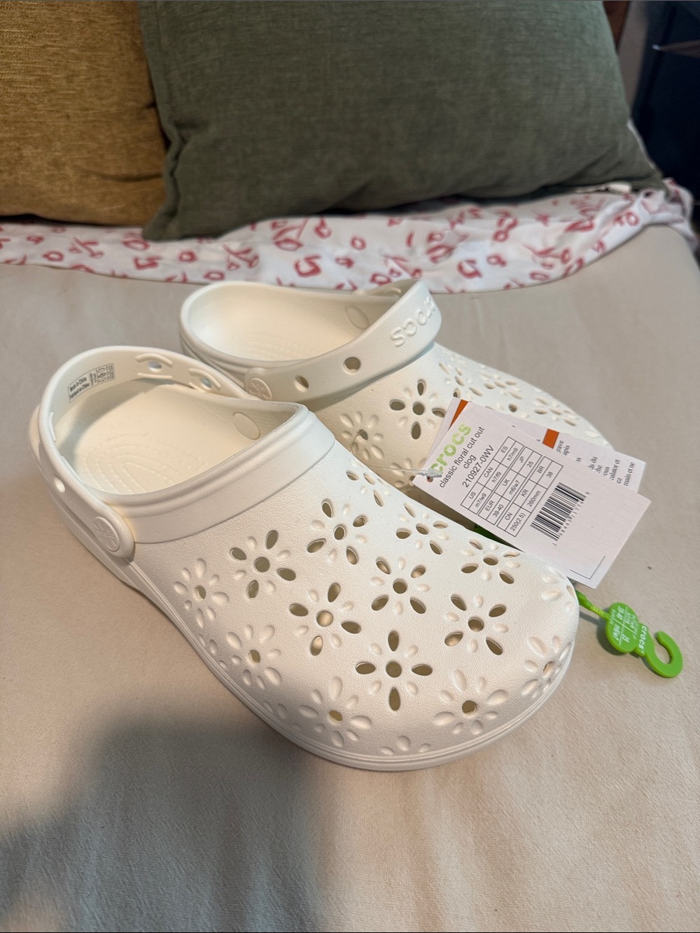 CROCS White Floral Cutout Clogs with Heel Strap